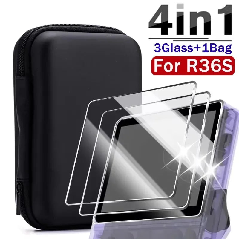 4-in-1 Protective Carrying Case + 3 Glass Screen Protectors for R36S Retro Gaming Handheld