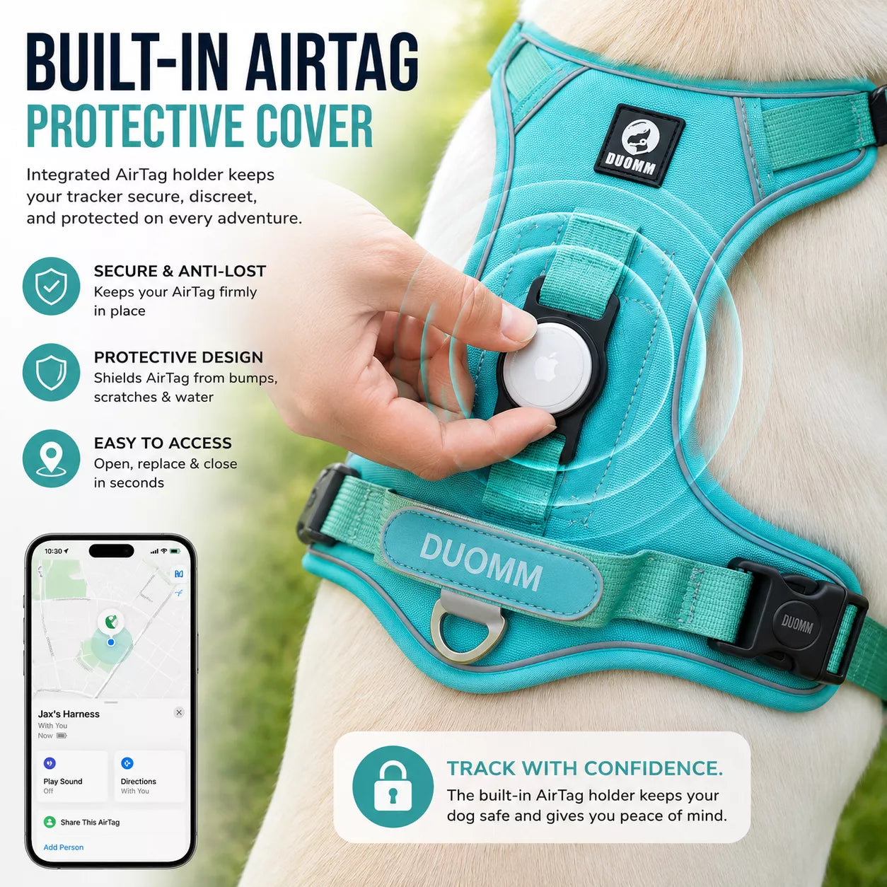 Reflective AirTag dog harness improving visibility on an evening walk