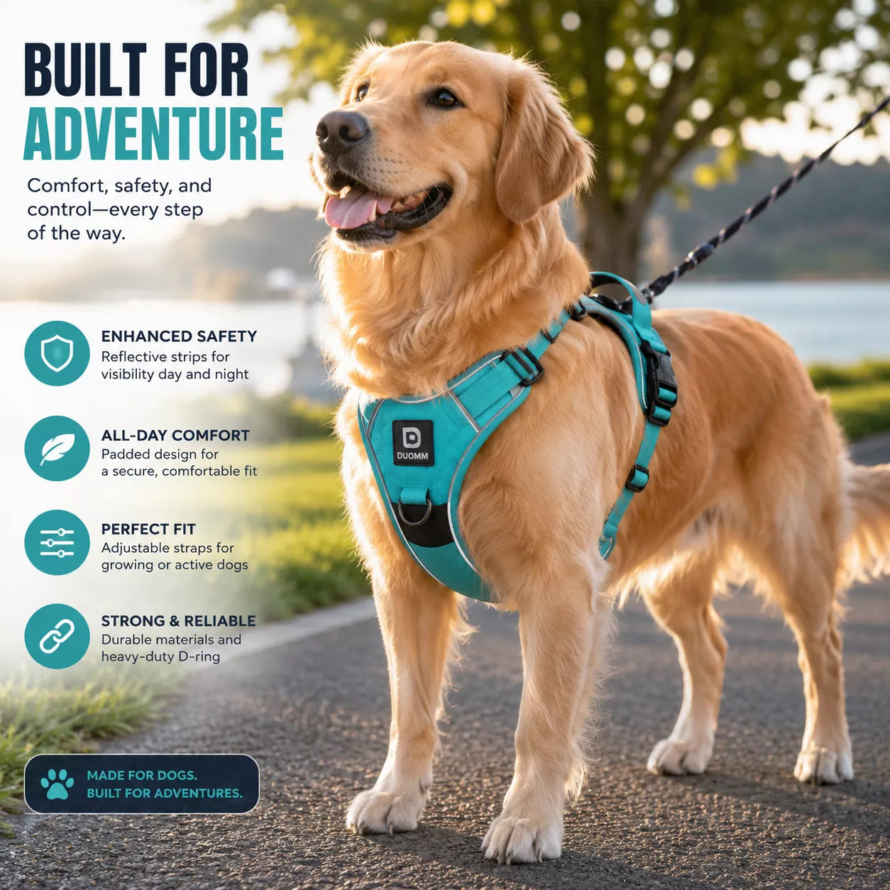 Product features of an AirTag dog harness highlighting the built-in holder, reflective strips, and adjustable fit