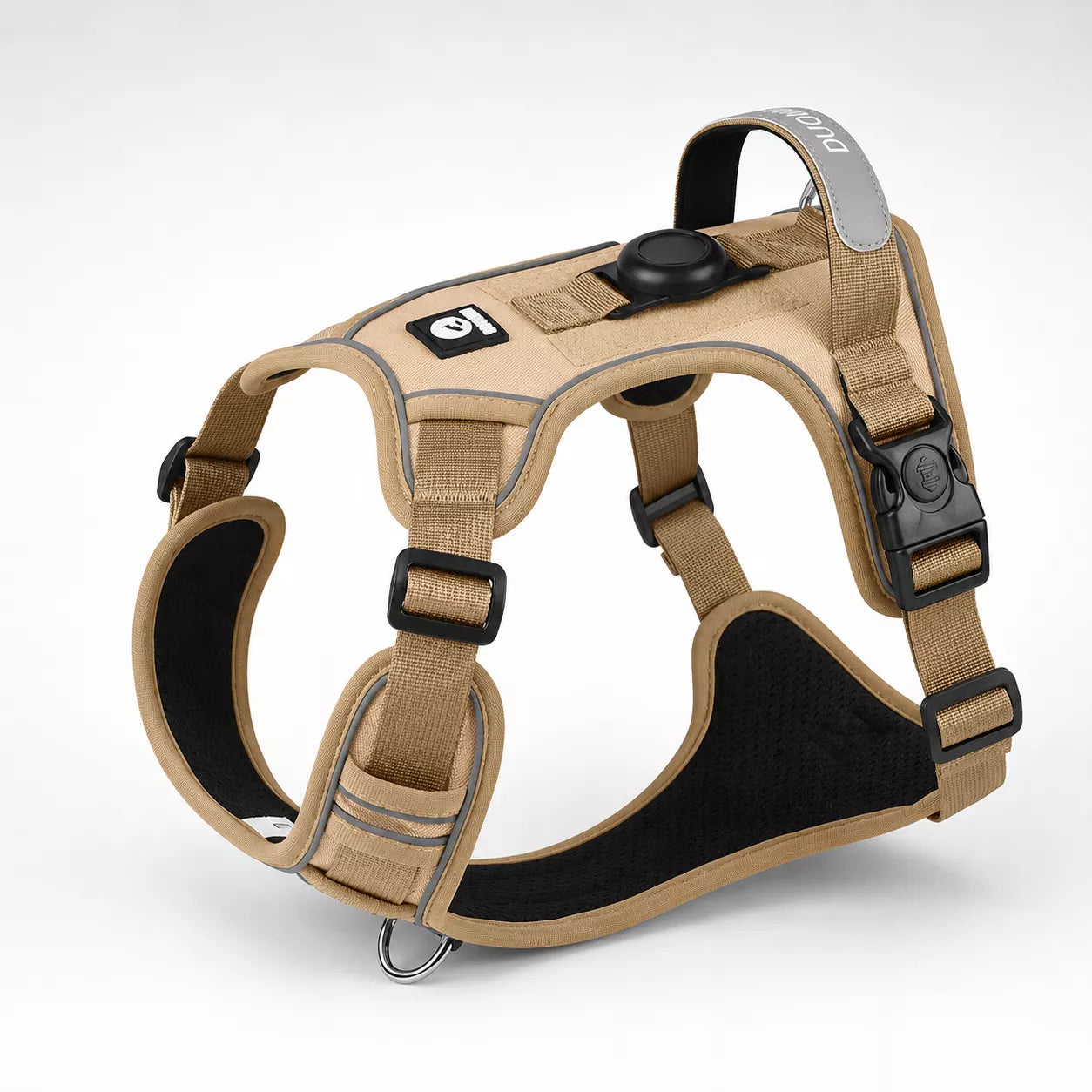No pull AirTag dog harness with front and back D-ring leash attachment