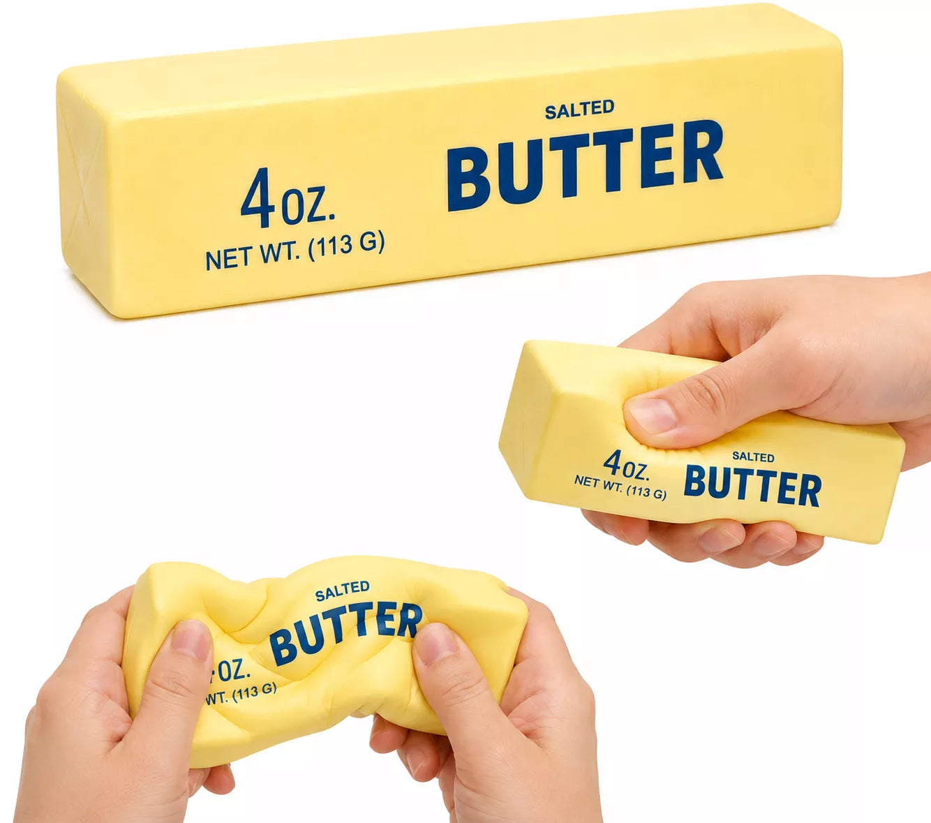 Butter squishy slow rise foam toy shaped like a realistic stick of salted butter on a white background