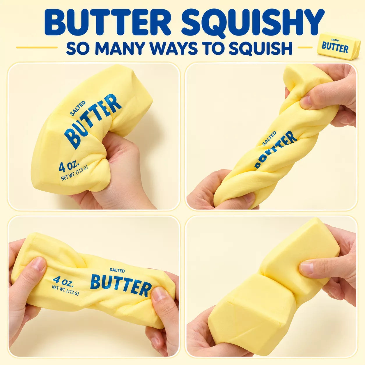 Hand squeezing a butter squishy toy showing soft moldable foam texture
