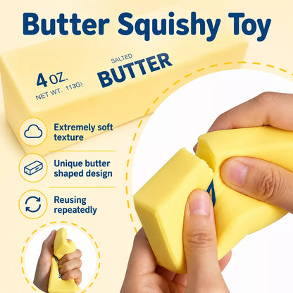 A yellow butter squishy toy being squeezed by two hands, with a butter package graphic and text highlighting soft texture, unique shaped design, and reusable use.