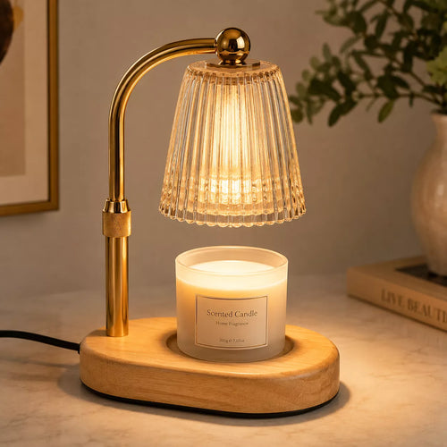 Candle warmer lamp with timer and dimmer and wood base for candles