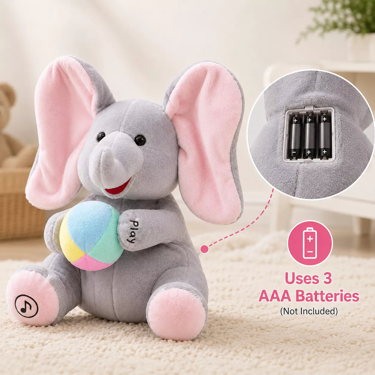 Interactive elephant toy showing its large moving ears