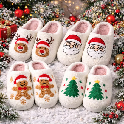 Set of Christmas-themed slippers with Santa, reindeer, gingerbread man, and tree designs on a festive background.