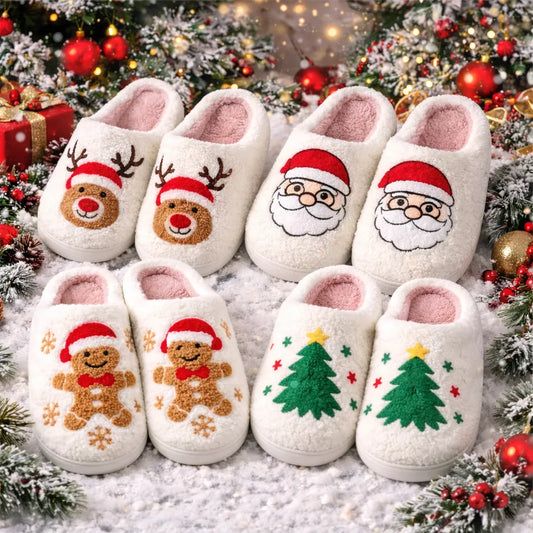 Set of Christmas-themed slippers with Santa, reindeer, gingerbread man, and tree designs on a festive background.