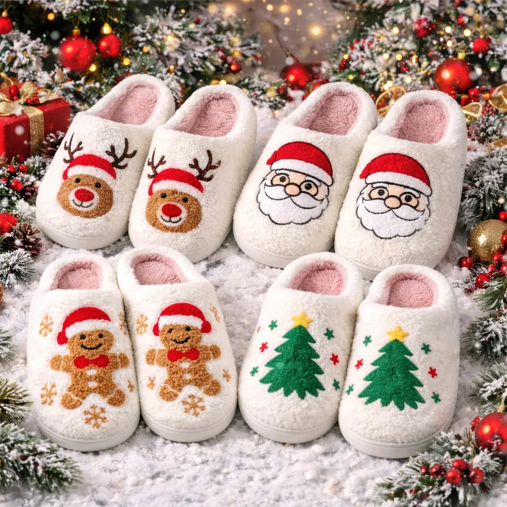 Set of Christmas-themed slippers with Santa, reindeer, gingerbread man, and tree designs on a festive background.