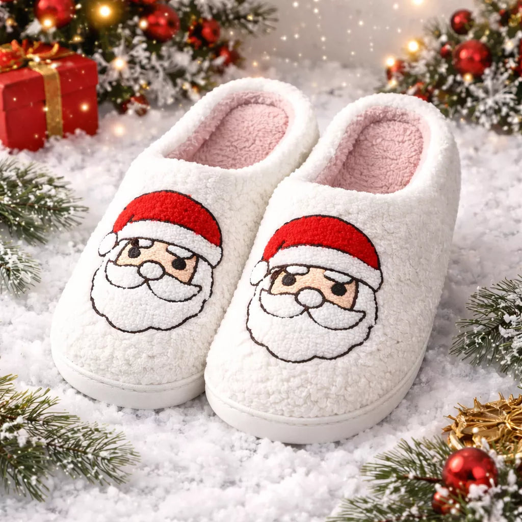 Christmas slippers with Santa face design on a snowy background with Christmas decorations.