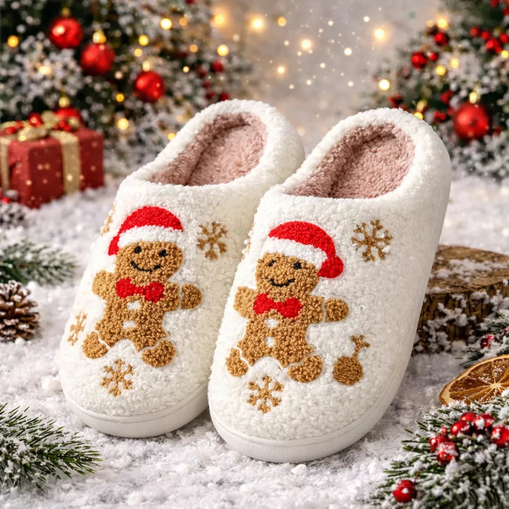 White slippers with gingerbread man design on a snowy background with Christmas decorations.