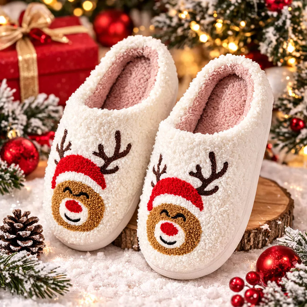 Pair of christmas reindeer slippers and Santa hats on a festive background with Christmas decorations.