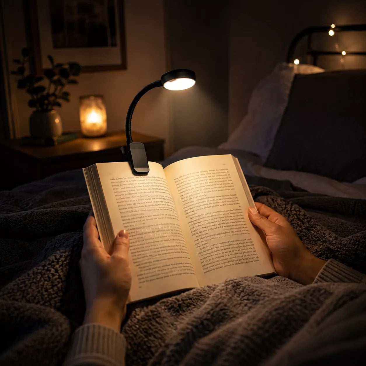 A person holding an open book under a cozy blanket in bed, with a flexible clip-on book lamp illuminating the pages. The bedroom setting is dimly lit with warm ambient lighting and string lights in the background.
