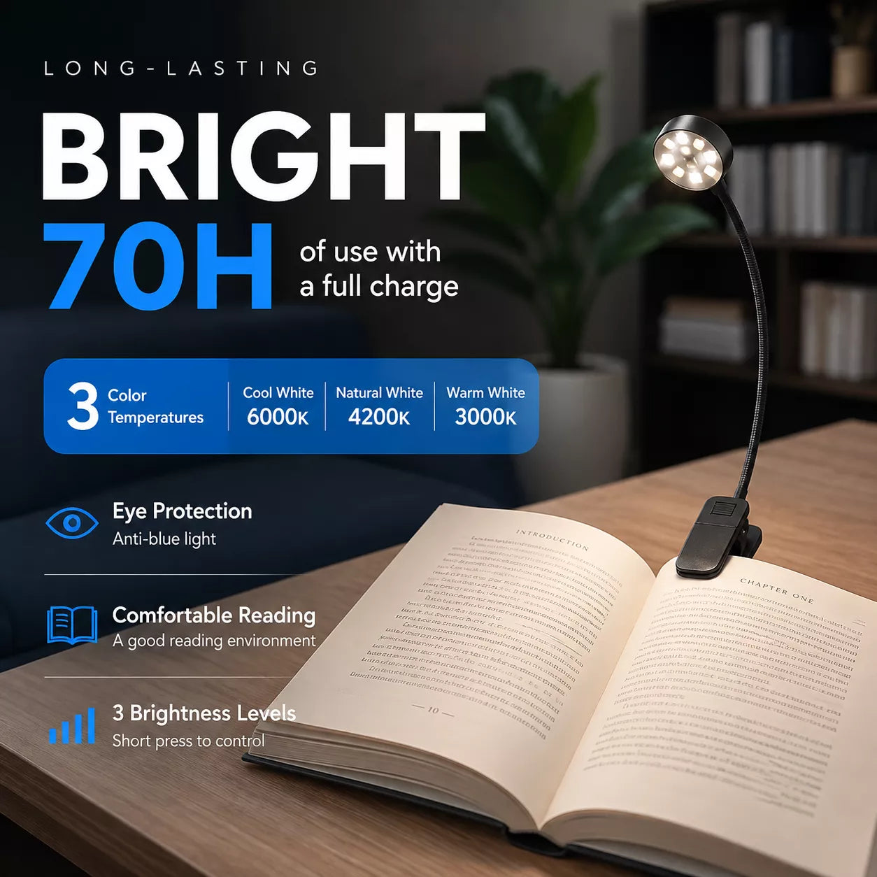 Rechargeable reading light showing three light color options