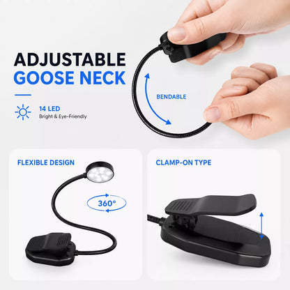 An adjustable flexible gooseneck clip-on book light with 