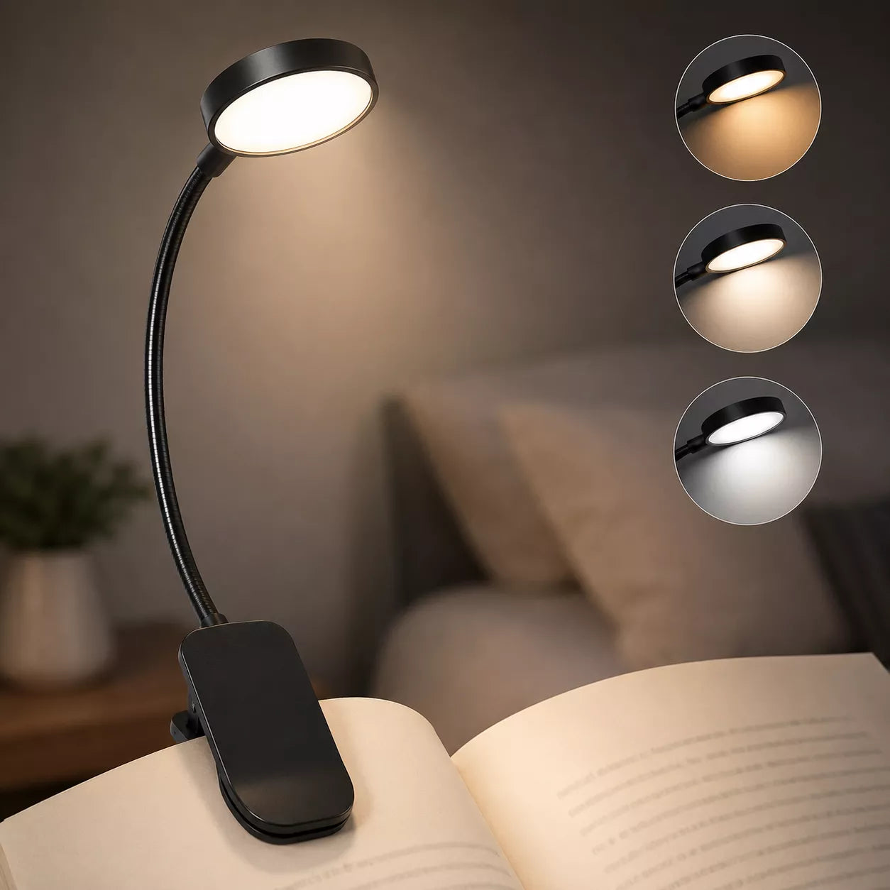 Rechargeable reading light showing three light color options