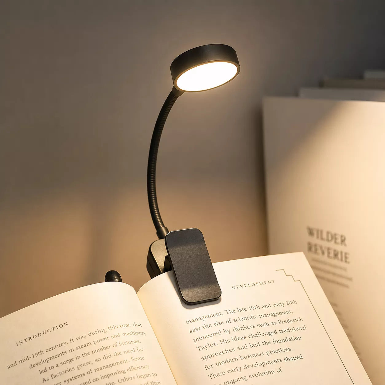 Book light illuminating the pages of an open book