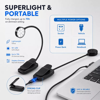 Clip on book light with adjustable brightness for nighttime reading