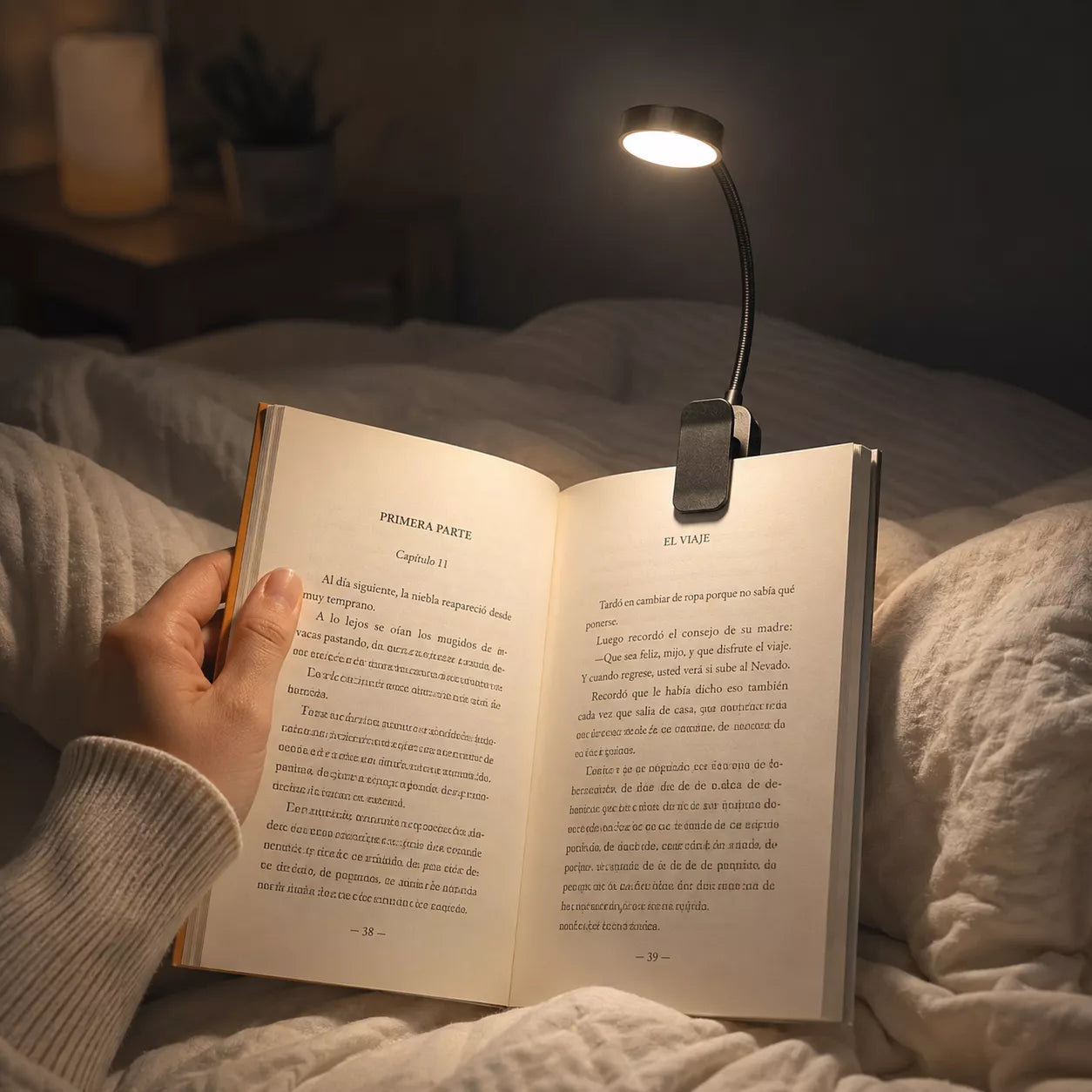 Book light illuminating the pages of an open book