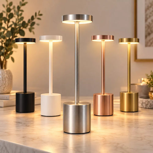 Five cordless lamps showcasing the available color options and sleek, cable-free design.