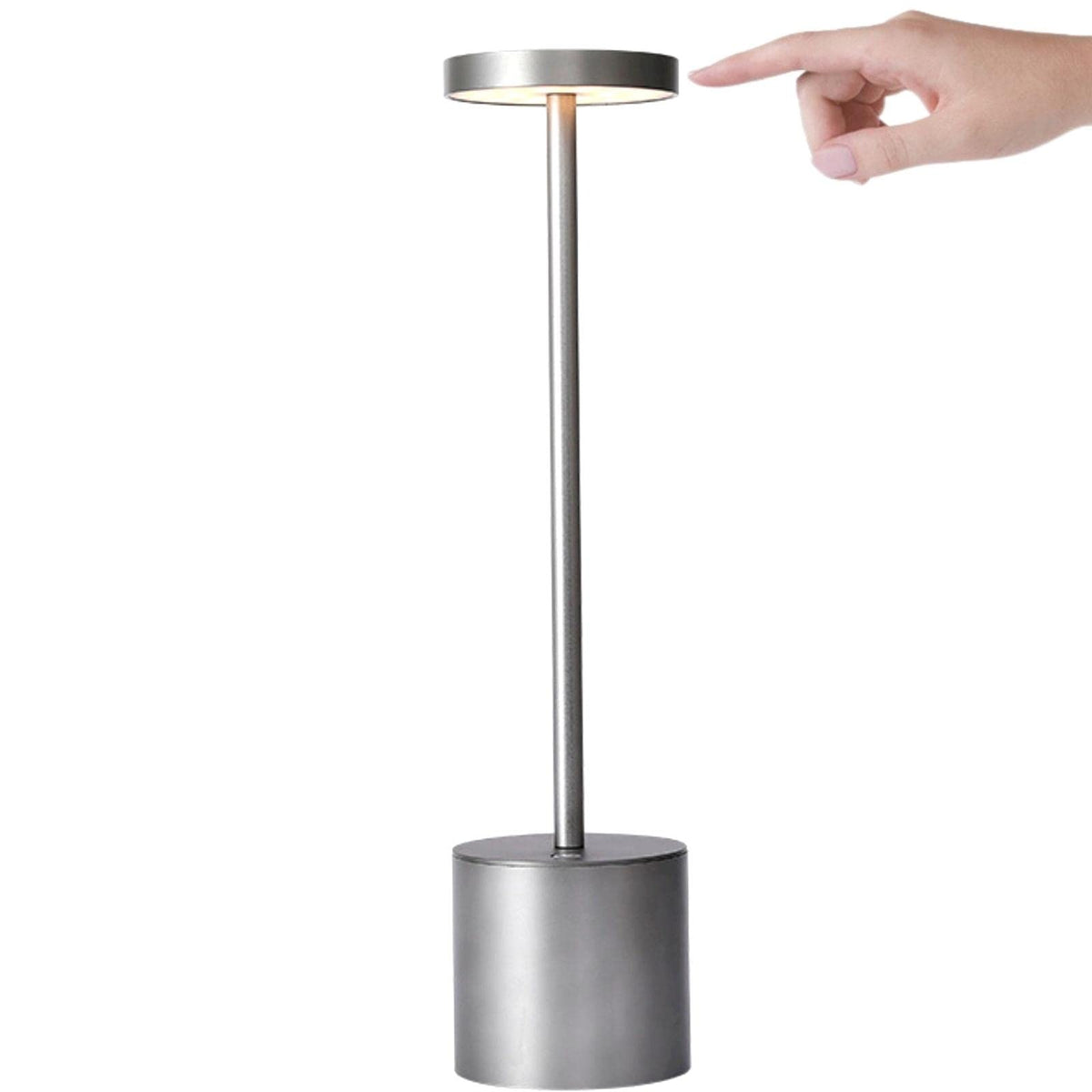 silver rechargeable table lamp with warm lighting