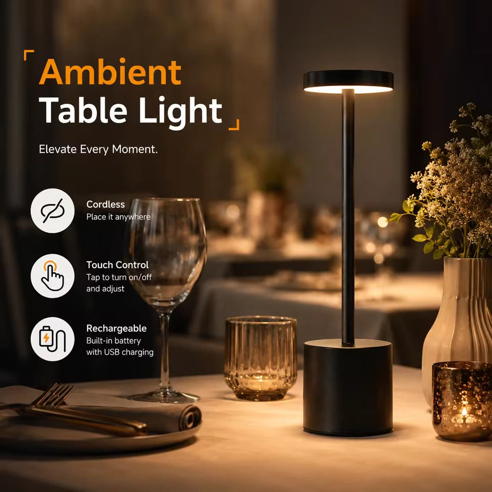 Cordless Table Lamp Feature graphic highlighting rechargeable battery + cordless operation + dimmable LED