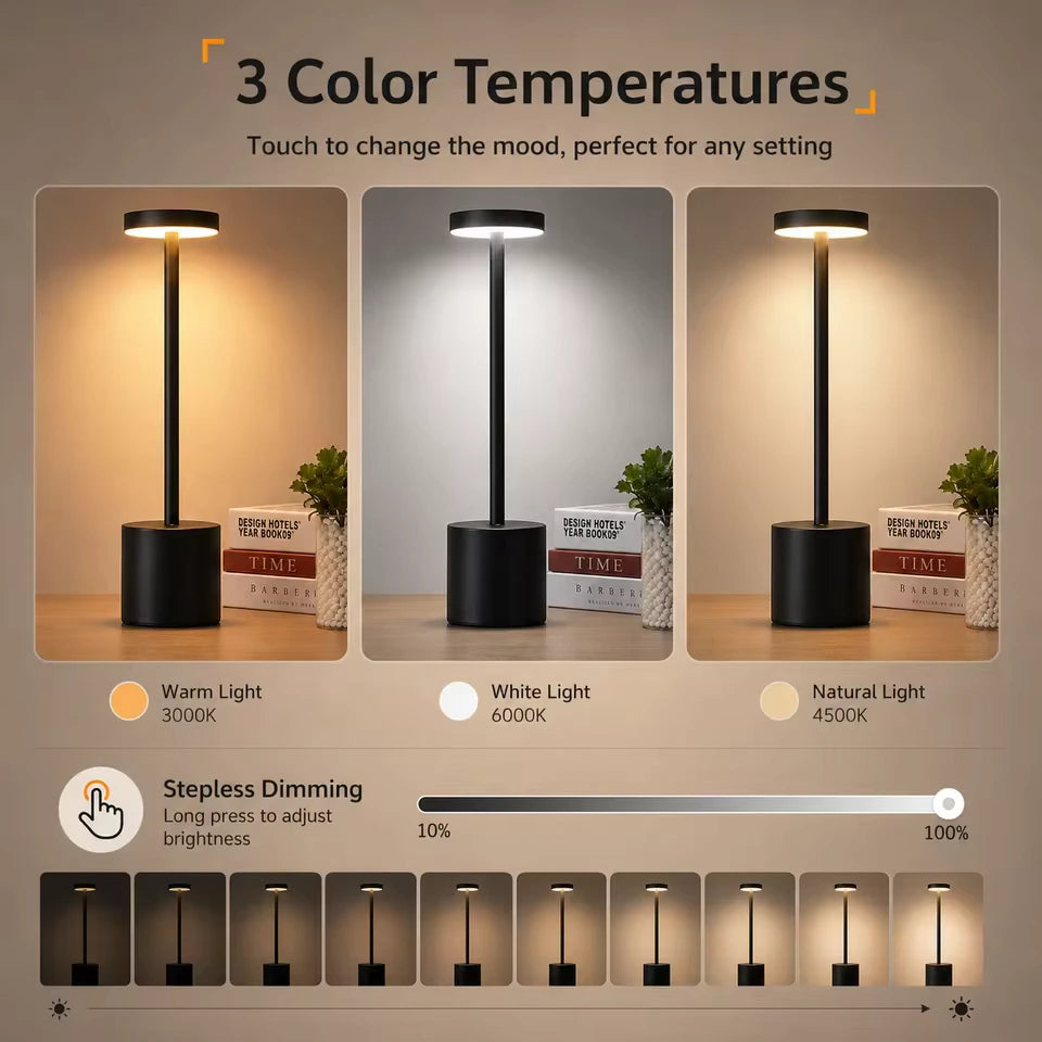 Table lamp no cords displaying three adjustable light colors — warm, natural, and cool white