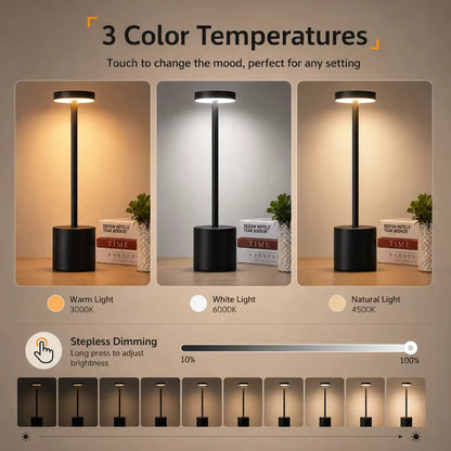 Table lamp no cords displaying three adjustable light colors — warm, natural, and cool white
