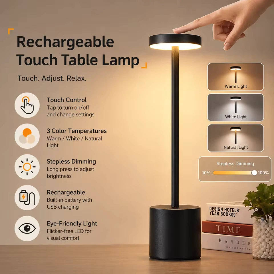 Cordeless table lamp showing features and color options