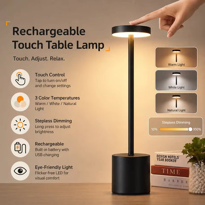 Cordeless table lamp showing features and color options