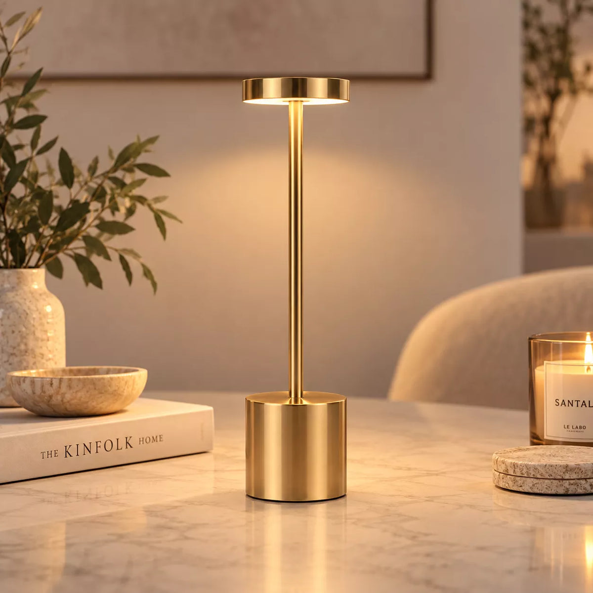 cordless lamp centered on a clean modern table with warm lighting
