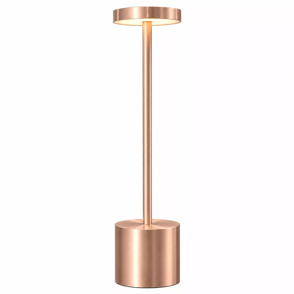 Rose Gold rechargebale table lamp with modern round metal design. 