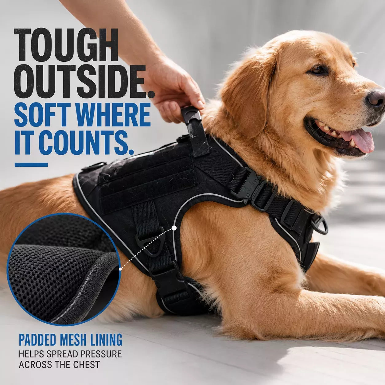 Padded black tactical dog harness providing comfort and support for large dogs