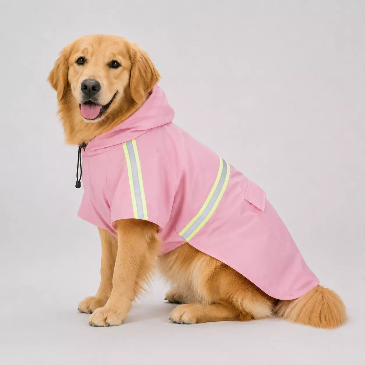 A  dog wearing a pink raincoat with reflective yellow-green stripes