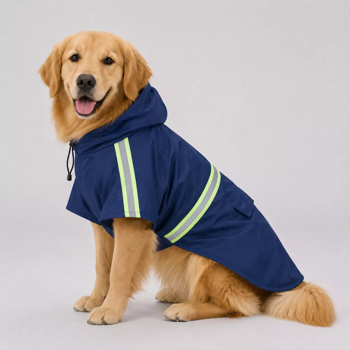 A dog wearing a navy blue raincoat with reflective light green stripes