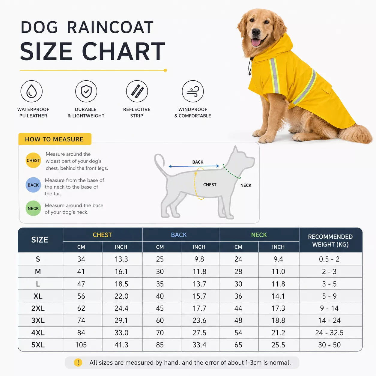 Dog Raincoat with Hood - Waterproof Dog Rain Jacket with Reflective Strips