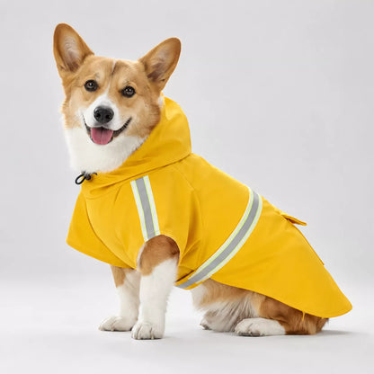 A corgi dog wearing a bright yellow pet raincoat with reflective silver stripes, photographed against a seamless light gray studio background.