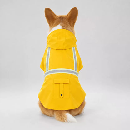 Close-up of the dog rain jacket showing reflective strips and built-in leash hole detail