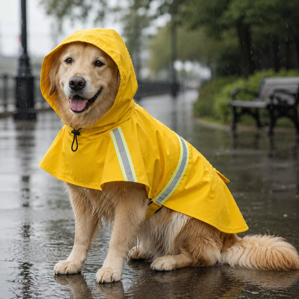 A golden retriever dog wearing a bright yellow raincoat with reflective stripes, sitting on a wet paved path in the rain.