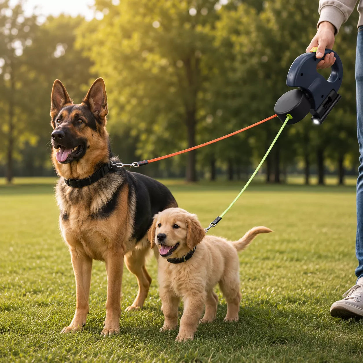 Easy-control retractable dual dog leash with separate leash management