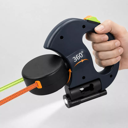 Dual retractable dog leash featuring a 360-degree swivel to prevent tangled leads