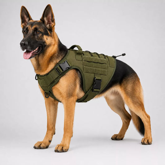 Dog wearing a tactical harness with Back D-ring leash attachment