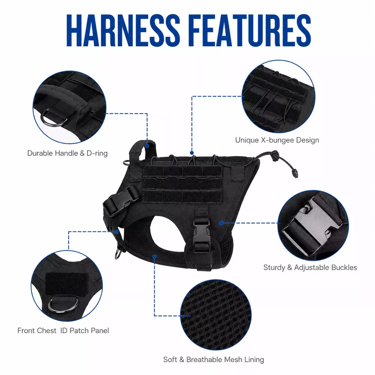 Durable no pull dog harness featuring all-metal buckles and reinforced stitching