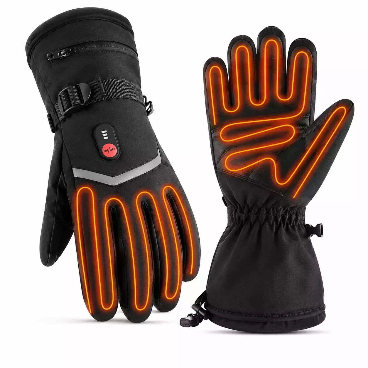 Heated gloves with waterproof nylon exterior and adjustable cuffs