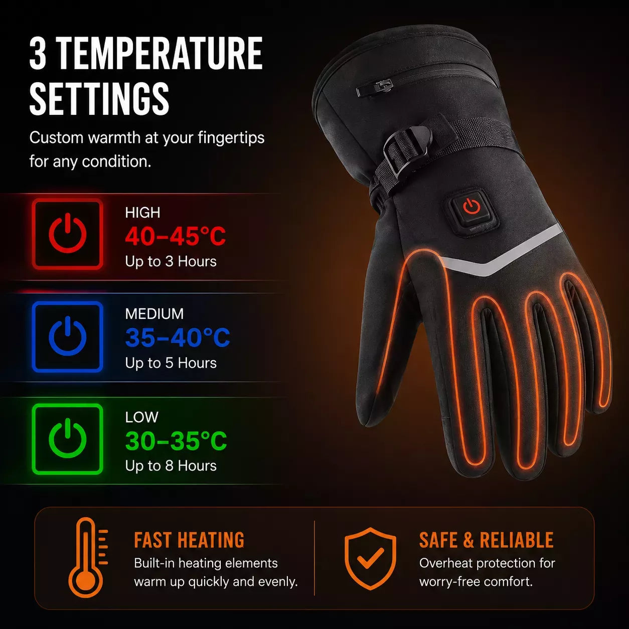 electric heated gloves with three adjustable temperature settings