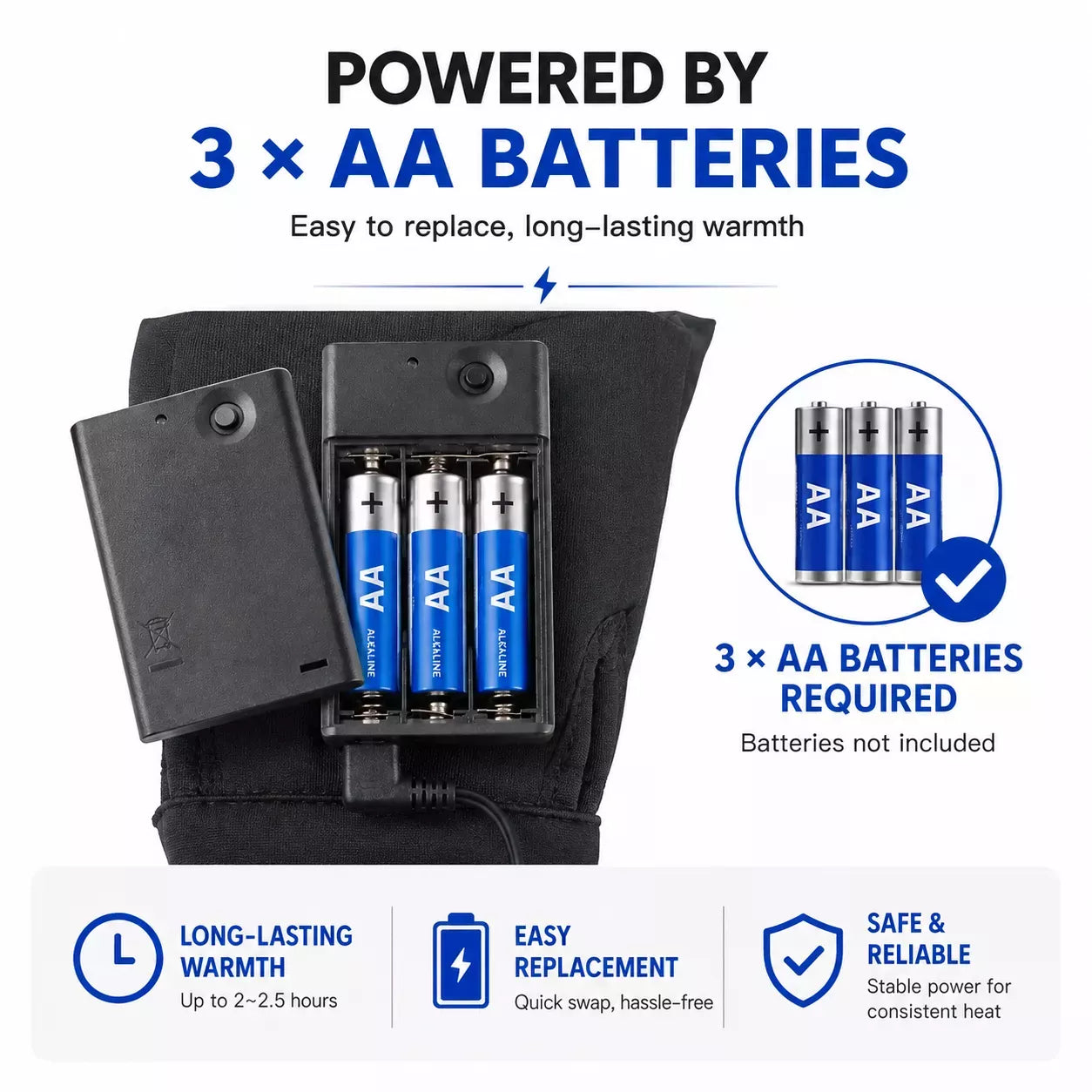 Electric heated gloves with three adjustable temperature settings powered by 3 x AA batteries