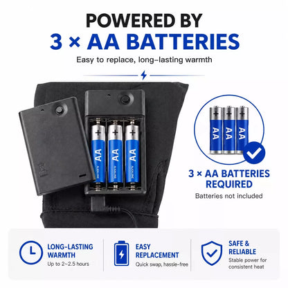 Electric heated gloves with three adjustable temperature settings powered by 3 x AA batteries
