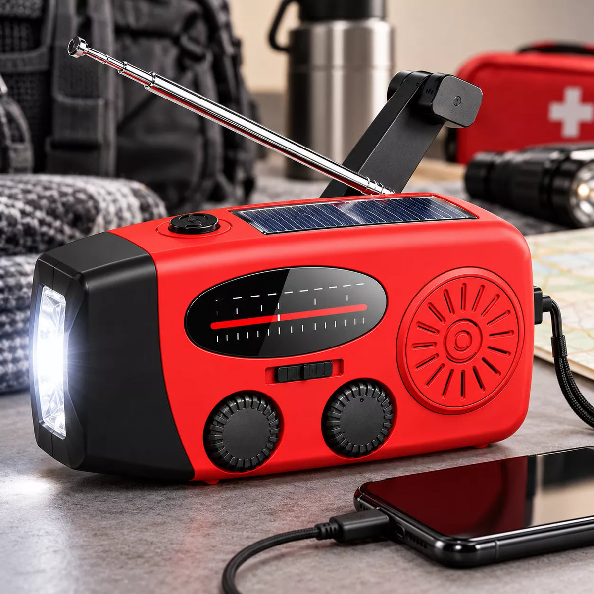 Portable weather radio with LED flashlight for emergency preparedness