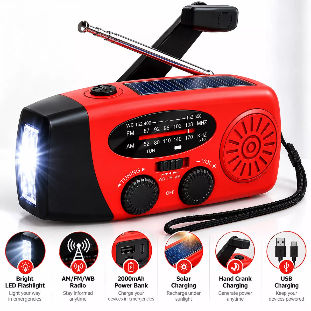 Compact emergency radio with USB phone charging, solar power, and hand crank generator