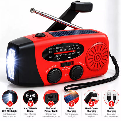 Compact emergency radio with USB phone charging, solar power, and hand crank generator