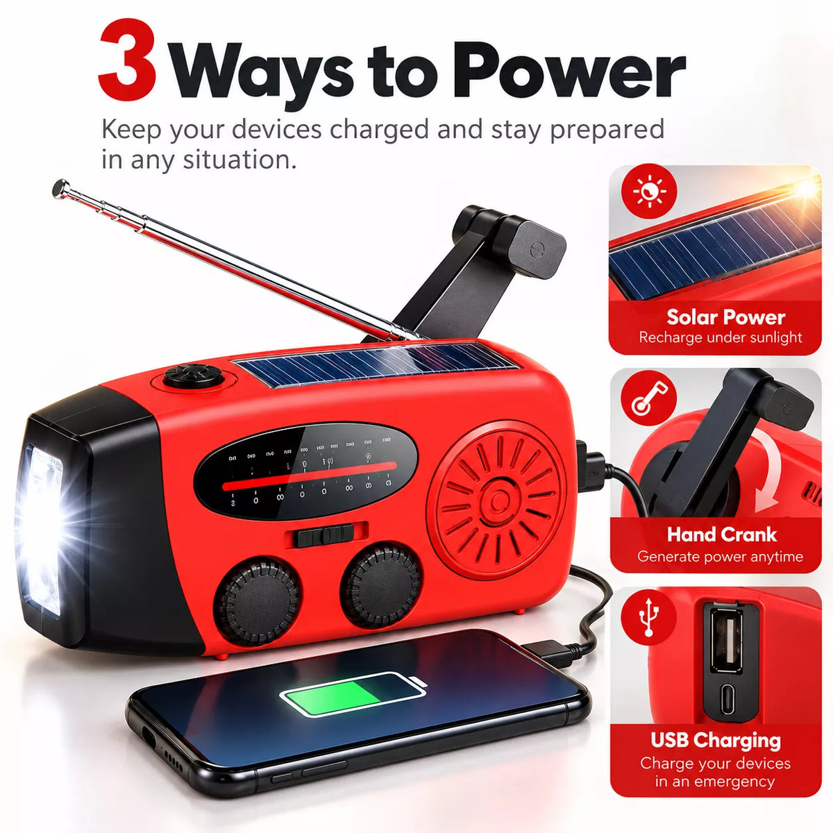 buy emergency radio. Small weather alert radio with hand crank charging and flashlight for disaster preparedness